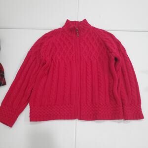 Aran Sweater Market Sweater Cardigan Womens Large Red Merino Wool Cable Zip